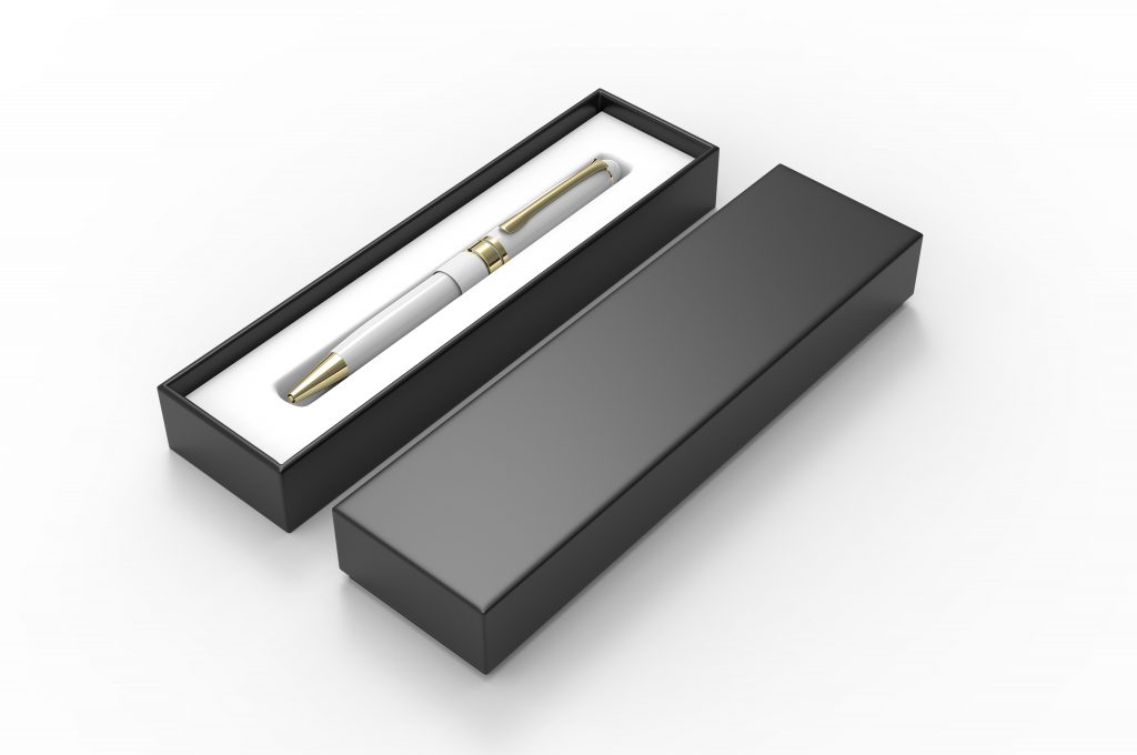 Image of pen inside black box, rigid packaging